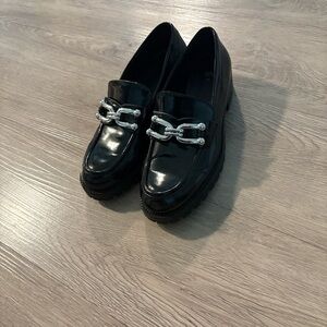 Zara Black Patent Loafers with Silver Chain Accent